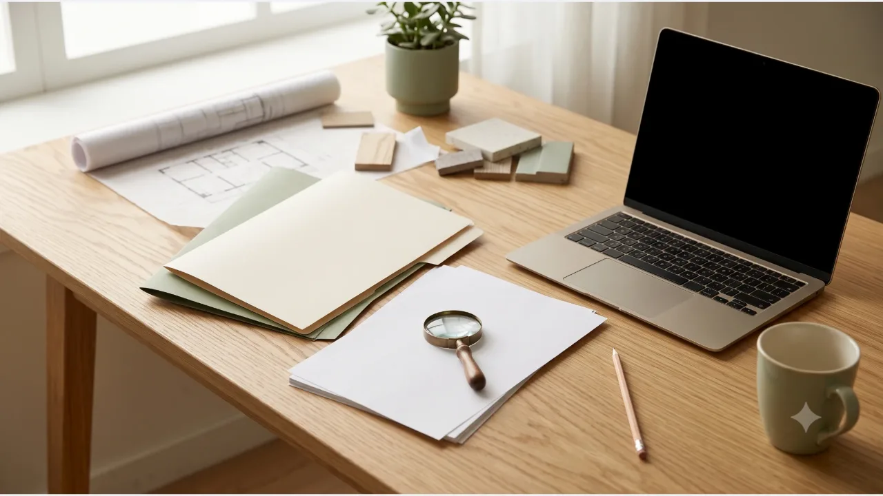 A powered-off laptop on an oak desk, plain documents and folders, a magnifying glass, material swatches, and a cup