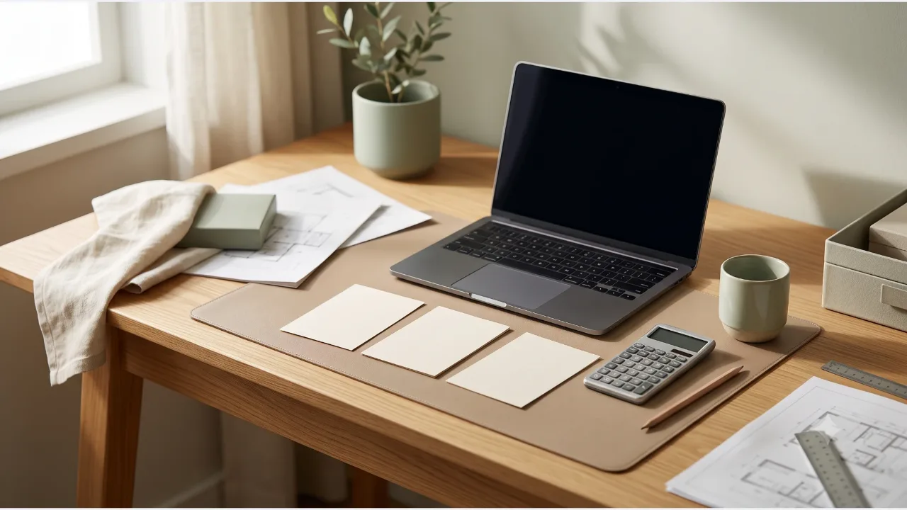 A powered-off laptop on an oak desk, a calculator, three plain cards side by side, and a cup