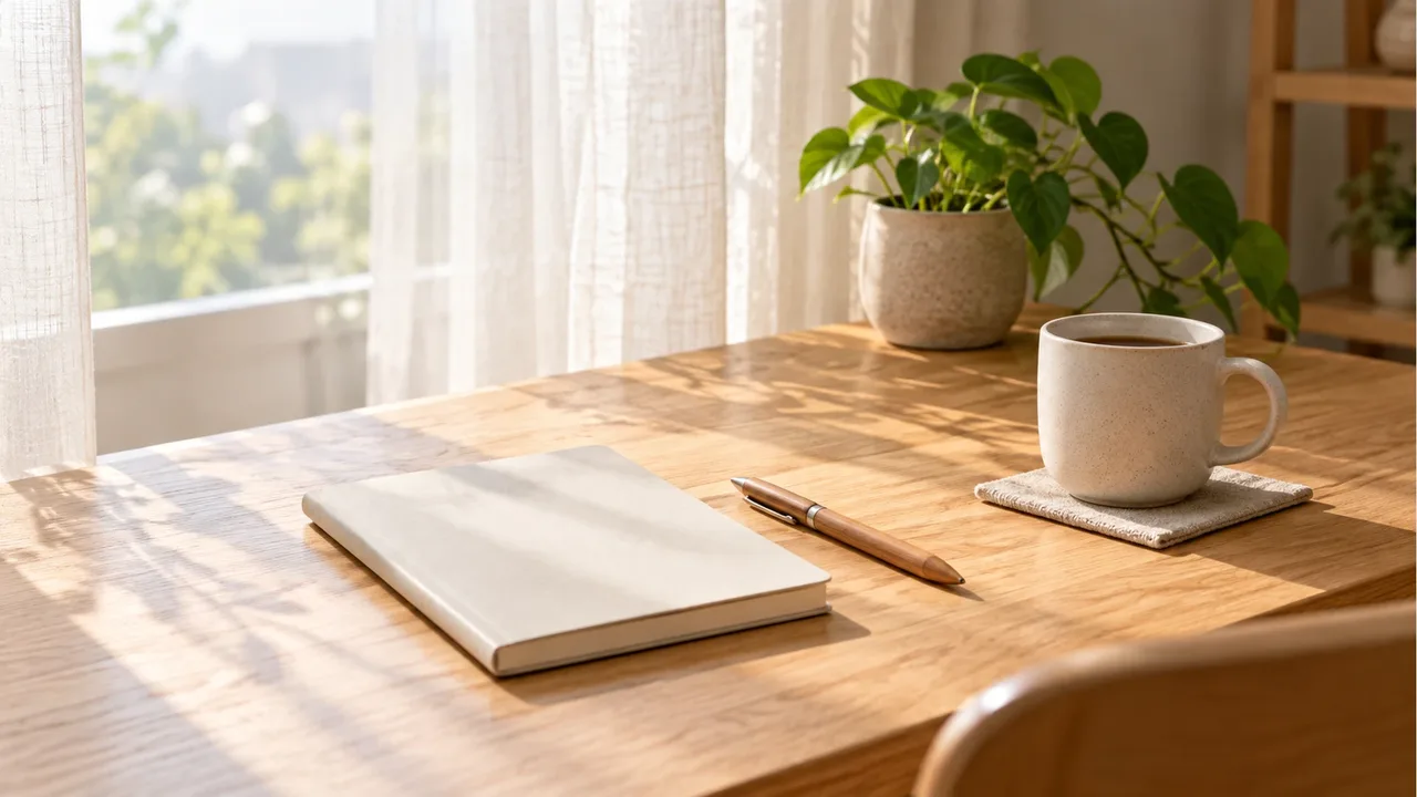 A plain unbranded notebook with a wooden pen and a matte ceramic mug on an oak desk in soft morning sunlight