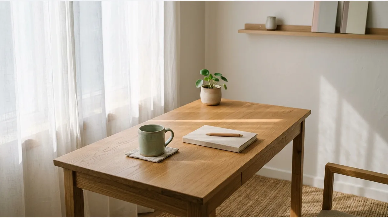 A sage green ceramic mug on a linen coaster, a closed blank notebook with a wooden pen, and a small potted plant on a sunlit oak desk by a window with sheer linen curtains