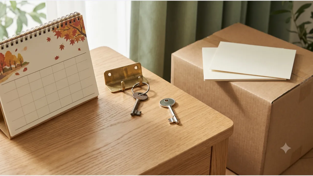 A desk calendar with an autumn maple illustration on an oak desk, two keys beside a brass hook, and a brown box holding two plain cards