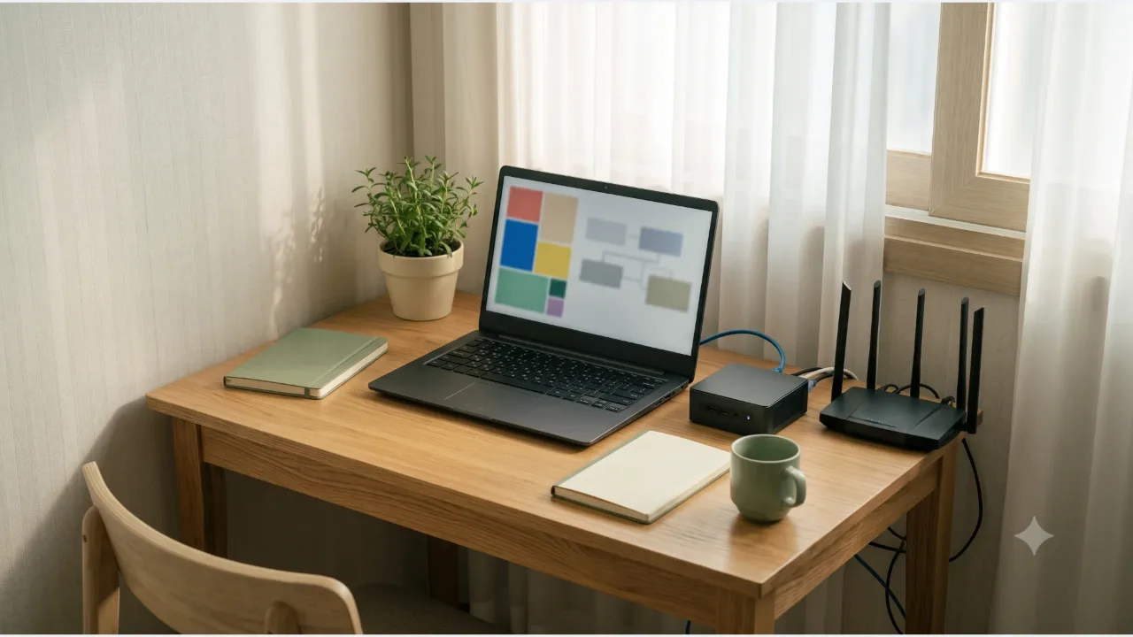 A laptop with an abstract block screen on an oak desk, a small PC, a router, and connecting cables
