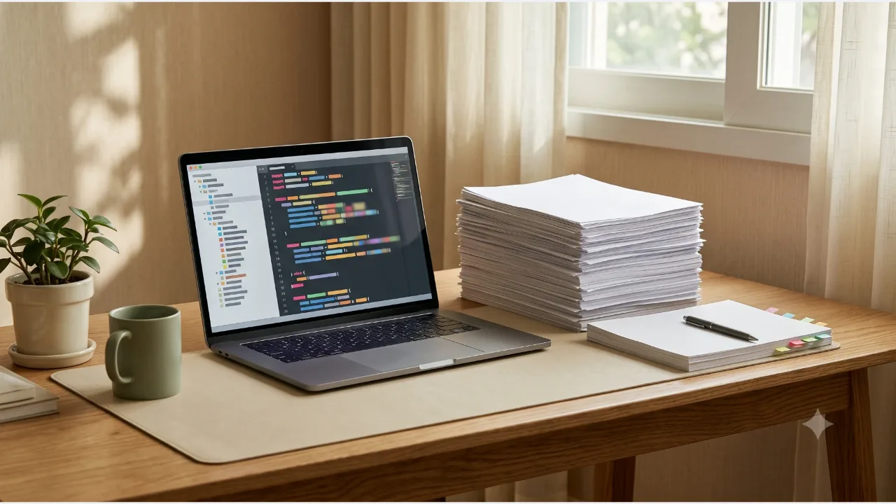 A laptop with an abstract block screen on an oak desk, two blank document stacks of different thickness, and a pen