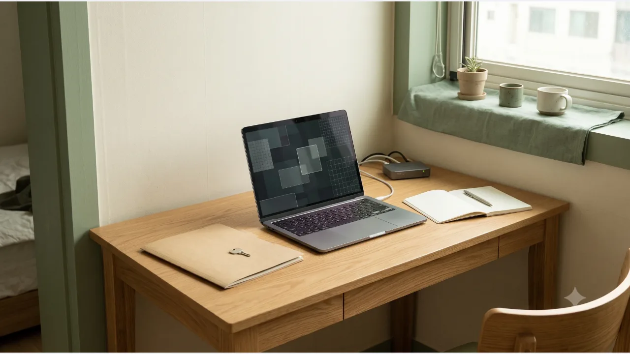 A laptop with an abstract rectangular screen on an oak desk, a closed document folder, a key, a network device, and an open notebook with a pen
