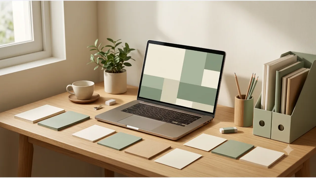 A laptop on an oak desk, cream and sage blocks, plain cards and a folder, a pencil, and a cup
