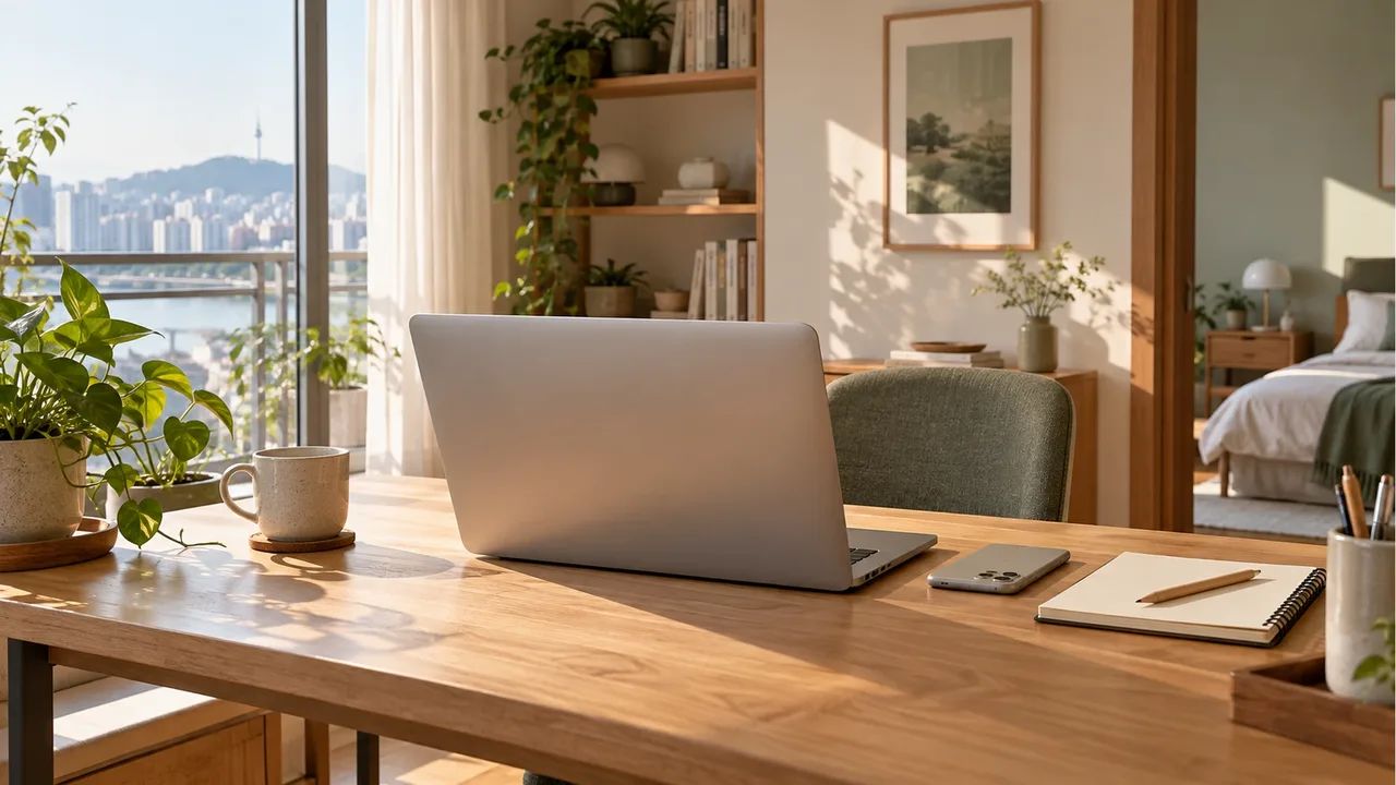 The back of an open laptop, a face-down smartphone, and a blank notebook with a pencil on an oak desk beside a sunlit window