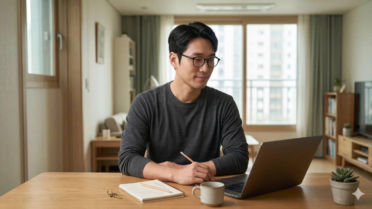 밝은 오크 책상에서 연필을 쥐고 노트북 화면을 바라보는 개발 편집자, 책상 위에 노트와 열쇠, 머그