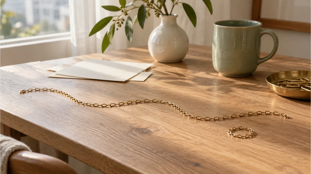 A long brass chain laid out and a short coiled chain on an oak desk by a window, a sage mug and a vase, a blank paper card