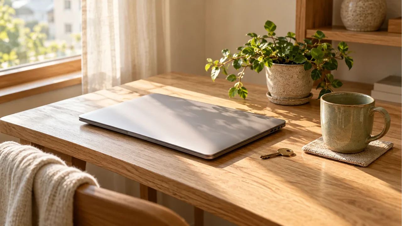 A closed plain laptop and a small brass key on an oak desk by a sunlit window, with a ceramic mug on a linen coaster and a potted plant