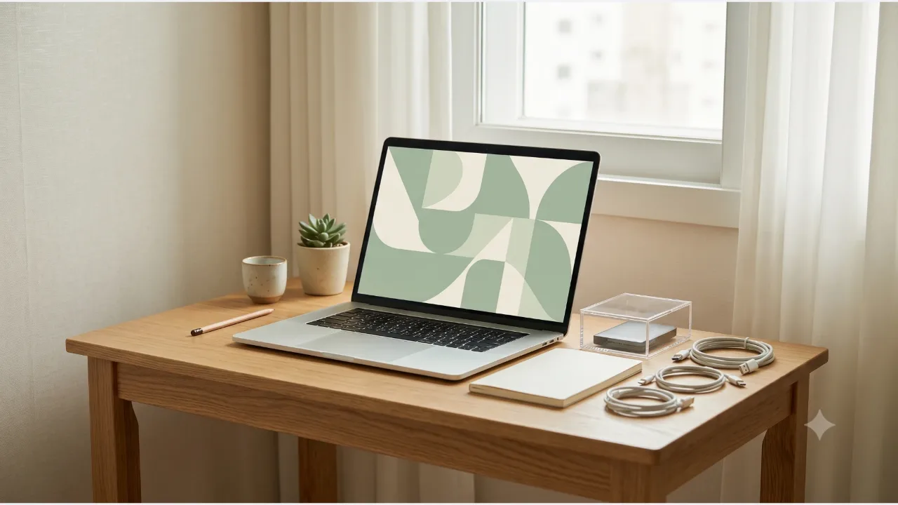 A laptop with an abstract shape screen on an oak desk, a clear acrylic box holding storage drives, an empty notebook, and cables