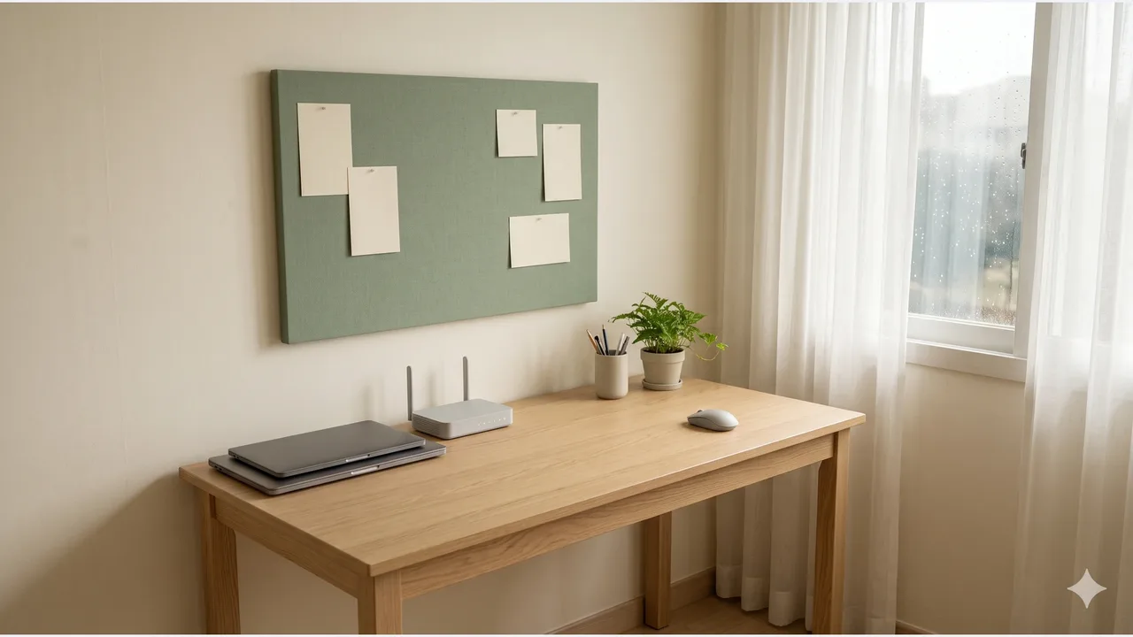 Two closed laptops and a router on an oak desk beside a rain-covered apartment window, with blank cards on a sage pinboard