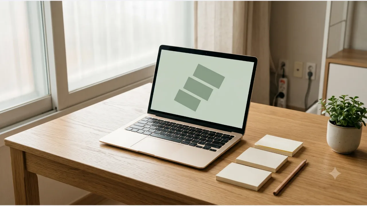 A laptop showing a three-layer sage rectangle screen on an oak desk, three plain memo pads with a pencil, and a small potted plant