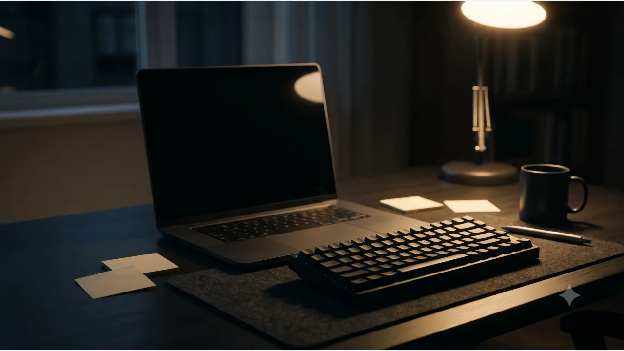 A powered-off laptop, a mechanical keyboard, a desk lamp, a mug, and a note pad on a dark desk
