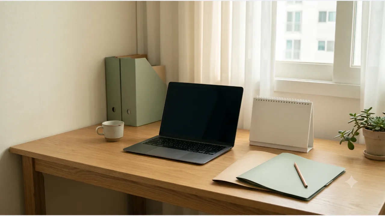 A powered-off laptop on an oak desk, a desk calendar with no text, a file holder and notebook, and a pencil