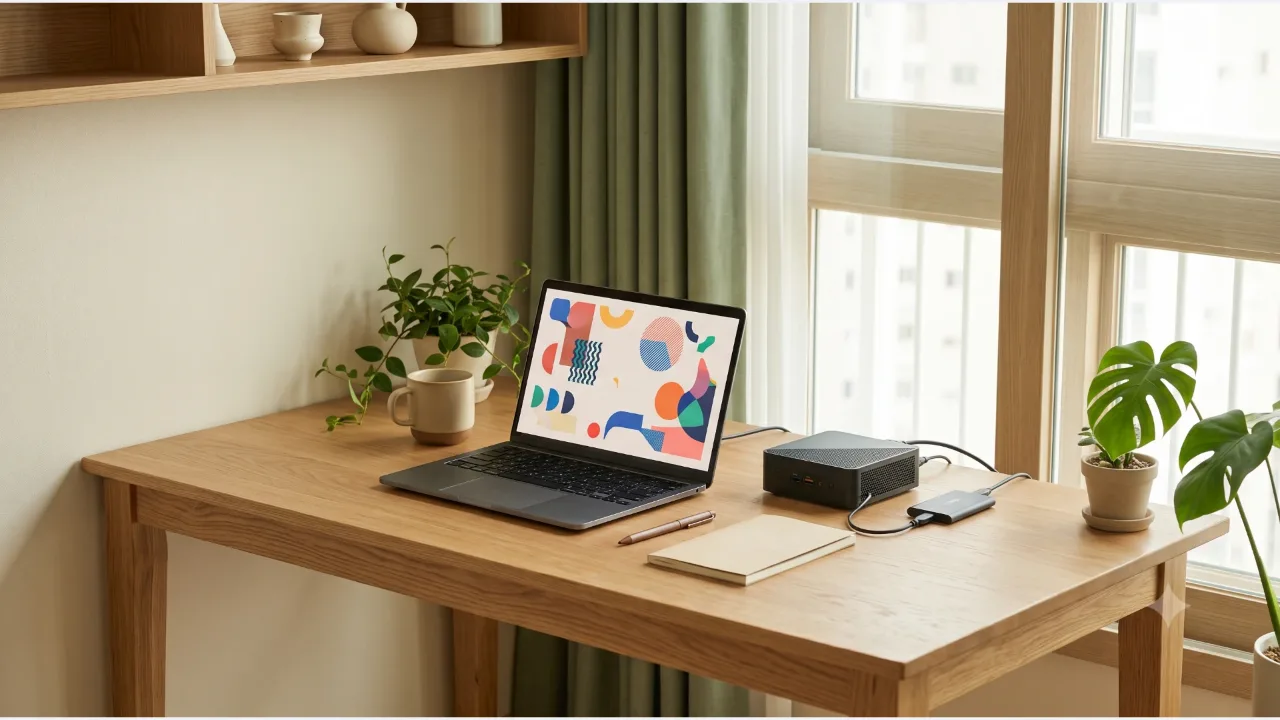 A laptop with an abstract shape screen on an oak desk, a small mini PC and an external drive, a cup, and a potted plant